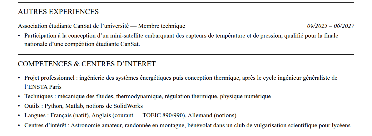 CV admission parallèle ensta paris : compétences et centres d’intérêt