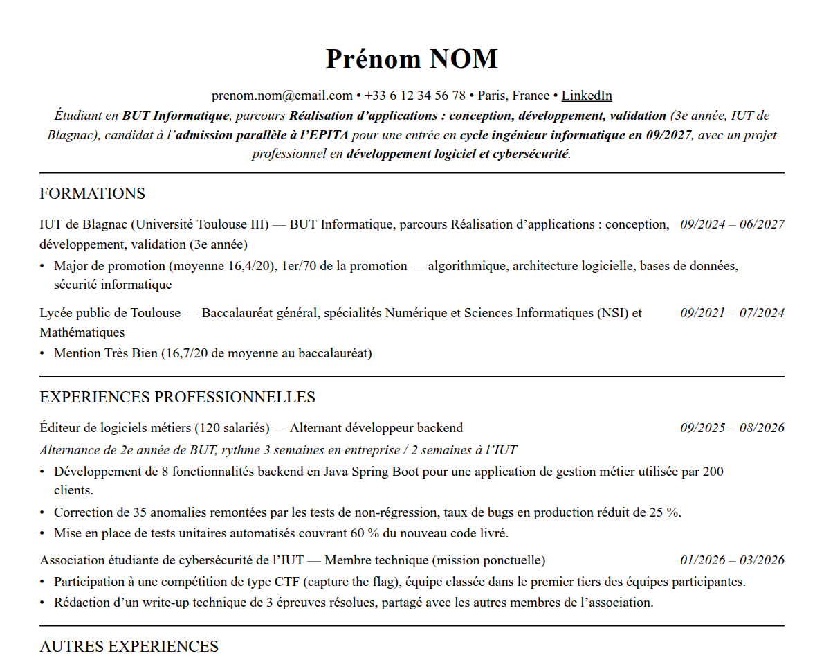 Aperçu : Exemple de CV Admission parallèle EPITA