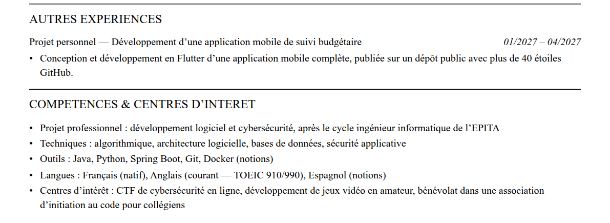 CV admission parallèle epita : compétences et centres d’intérêt