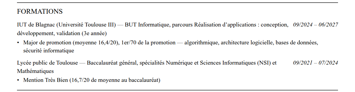 CV admission parallèle epita : formation