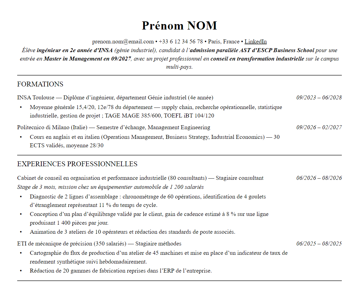 Aperçu : Exemple de CV Admission parallèle ESCP