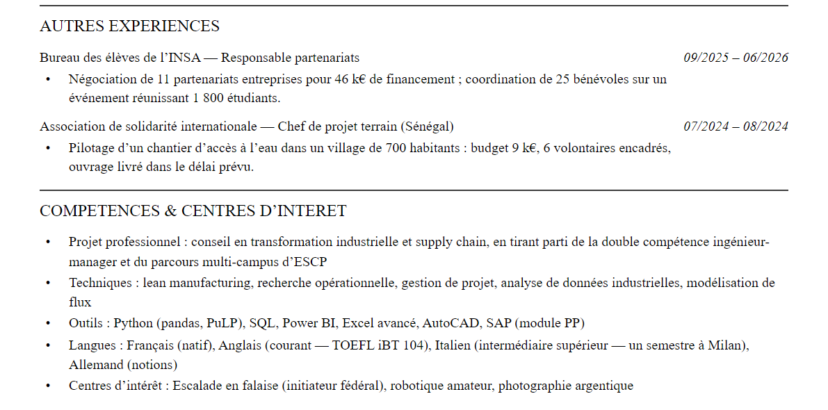 CV admission parallèle escp : compétences et centres d’intérêt