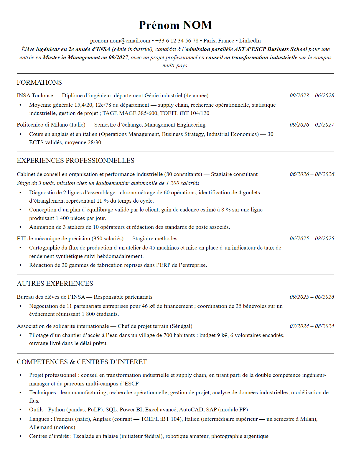 CV admission parallèle escp complet sur une page