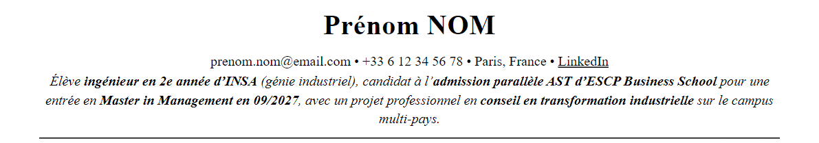 CV admission parallèle escp : en-tête et accroche