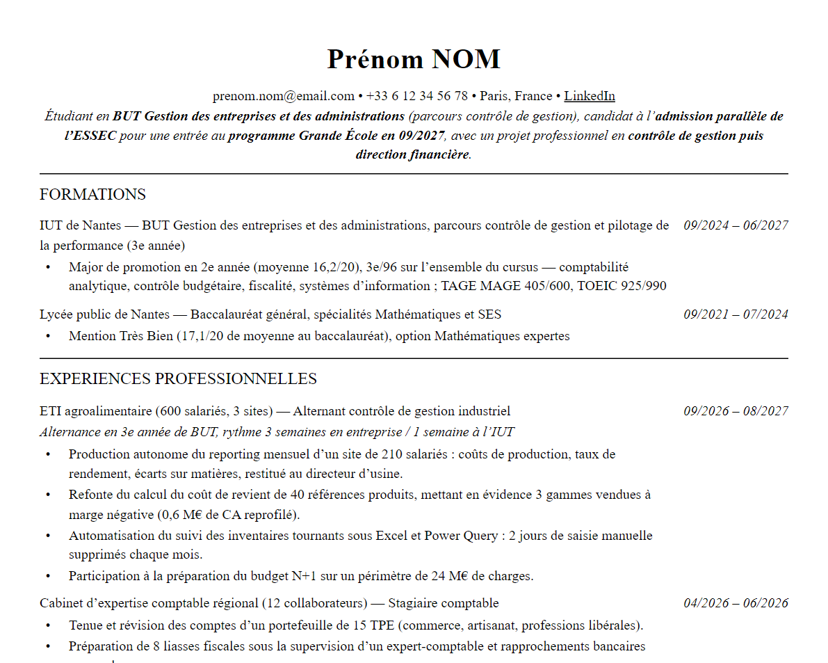 Aperçu : Exemple de CV Admission parallèle ESSEC