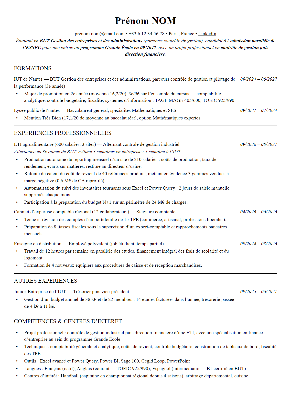 CV admission parallèle essec complet sur une page