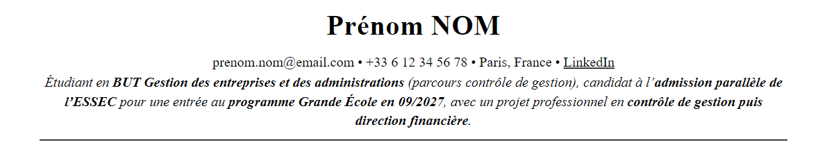 CV admission parallèle essec : en-tête et accroche