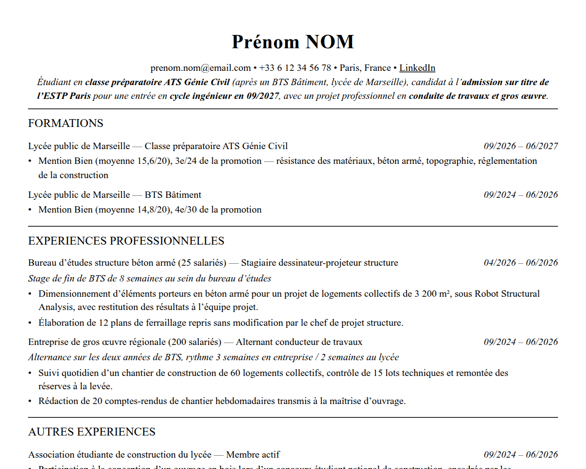 Aperçu : Exemple de CV Admission parallèle ESTP Paris