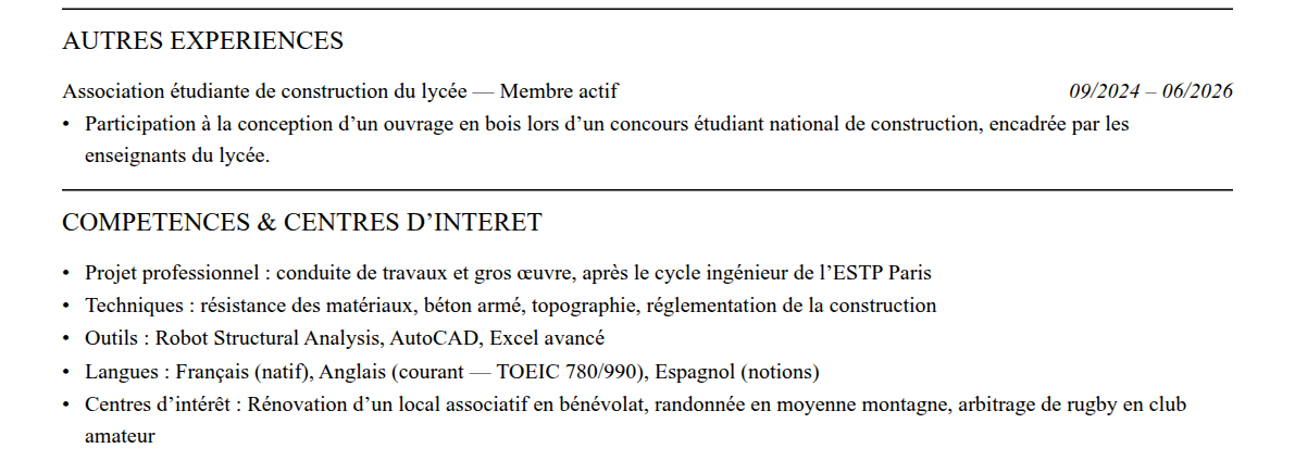 CV admission parallèle estp paris : compétences et centres d’intérêt