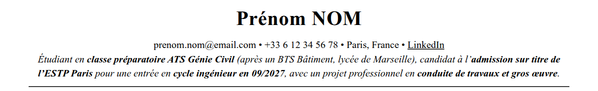 CV admission parallèle estp paris : en-tête et accroche