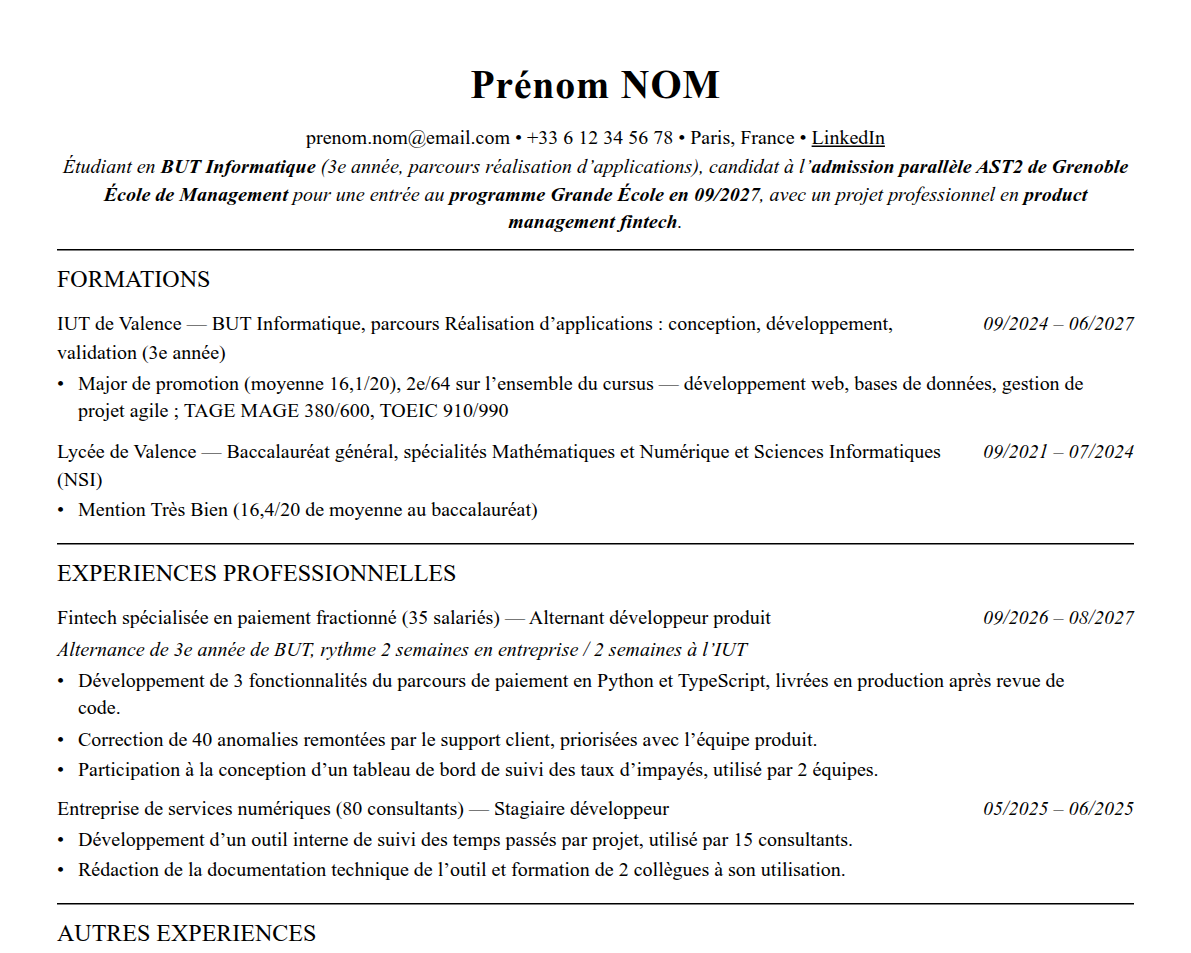 Aperçu : Exemple de CV Admission parallèle Grenoble EM
