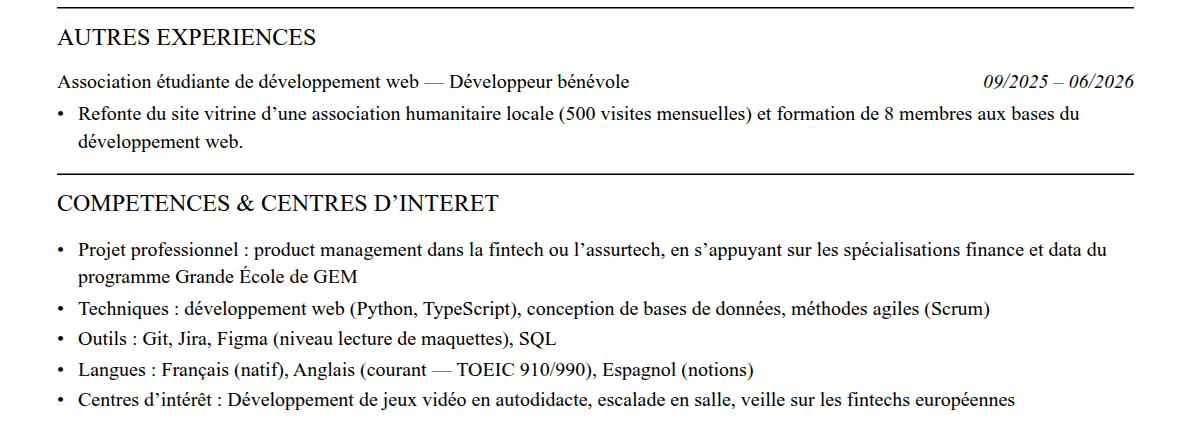 CV admission parallèle grenoble em : compétences et centres d’intérêt