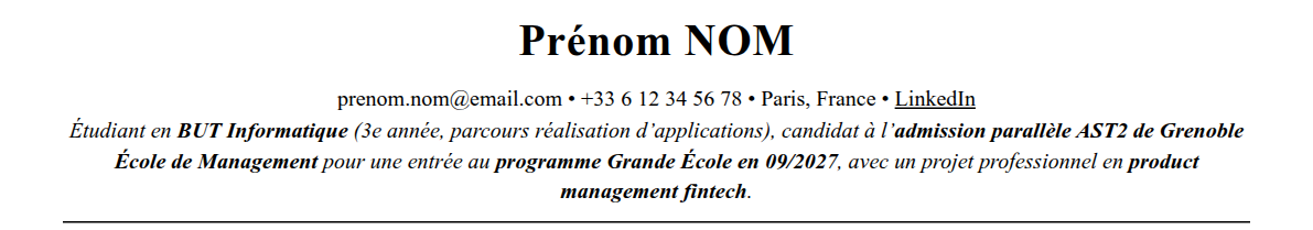 CV admission parallèle grenoble em : en-tête et accroche