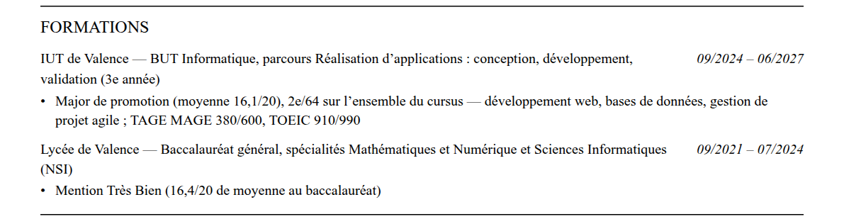 CV admission parallèle grenoble em : formation