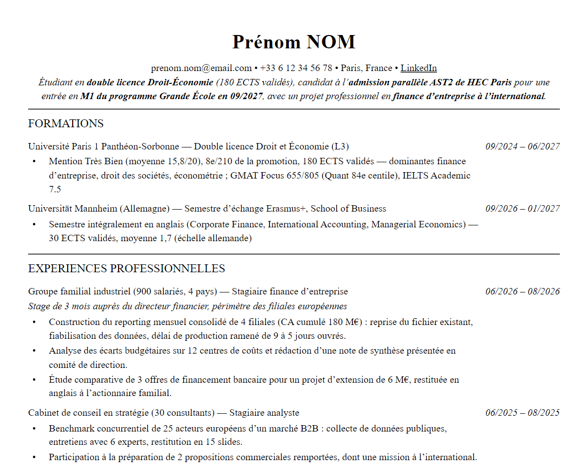 Aperçu : Exemple de CV Admission parallèle HEC Paris
