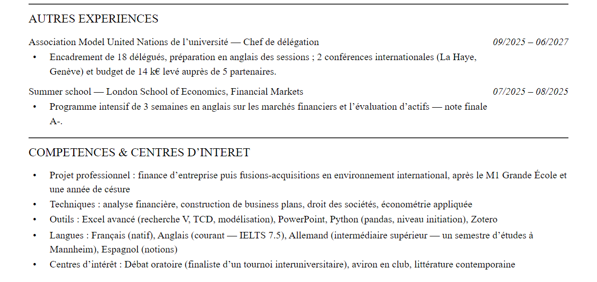CV admission parallèle hec paris : compétences et centres d’intérêt