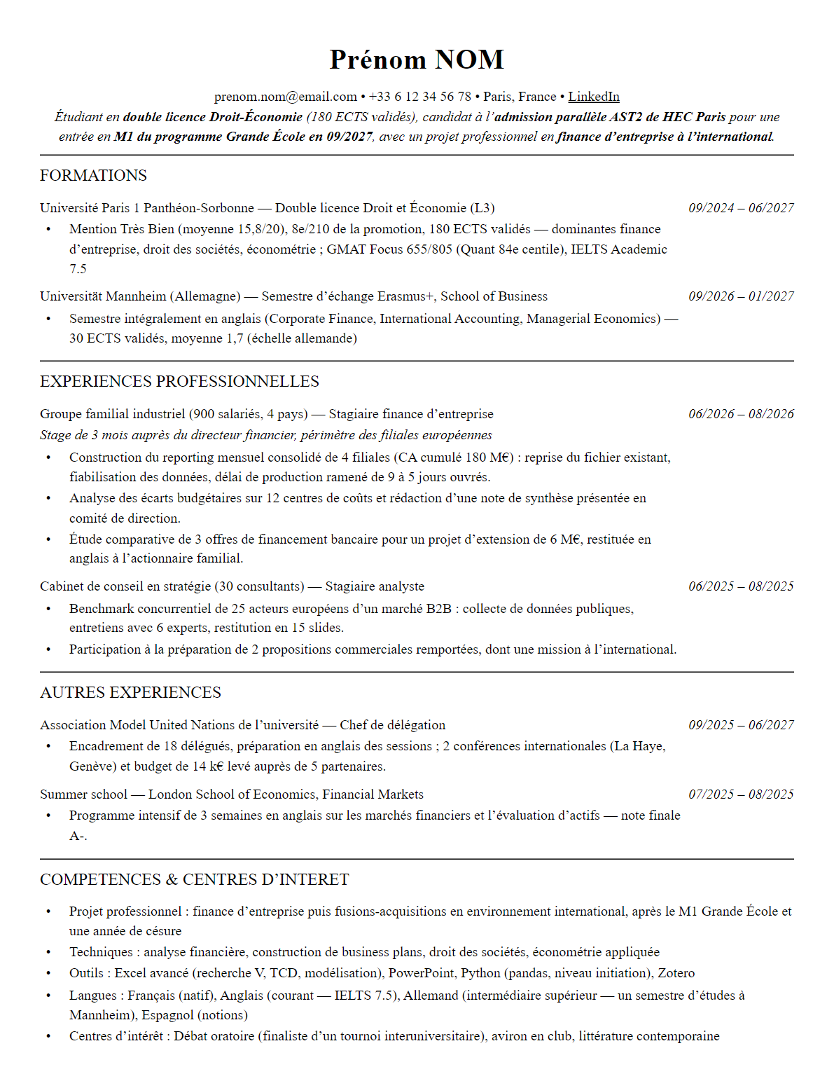 CV admission parallèle hec paris complet sur une page