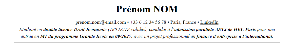 CV admission parallèle hec paris : en-tête et accroche