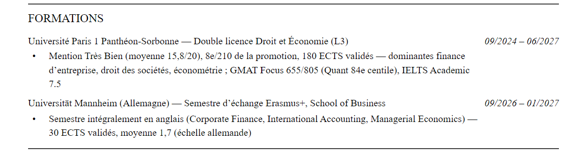 CV admission parallèle hec paris : formation