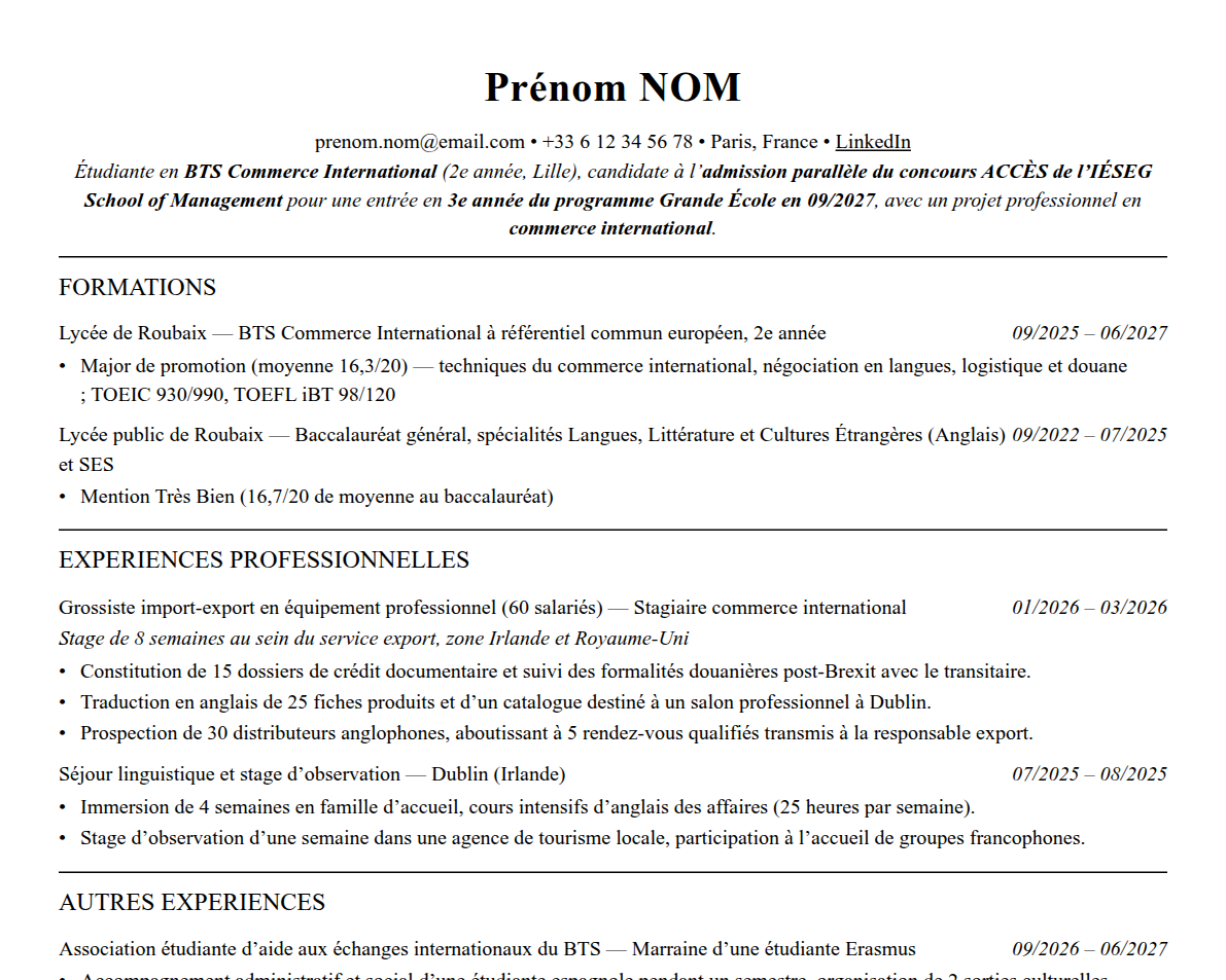 Aperçu : Exemple de CV Admission parallèle IÉSEG School of Management