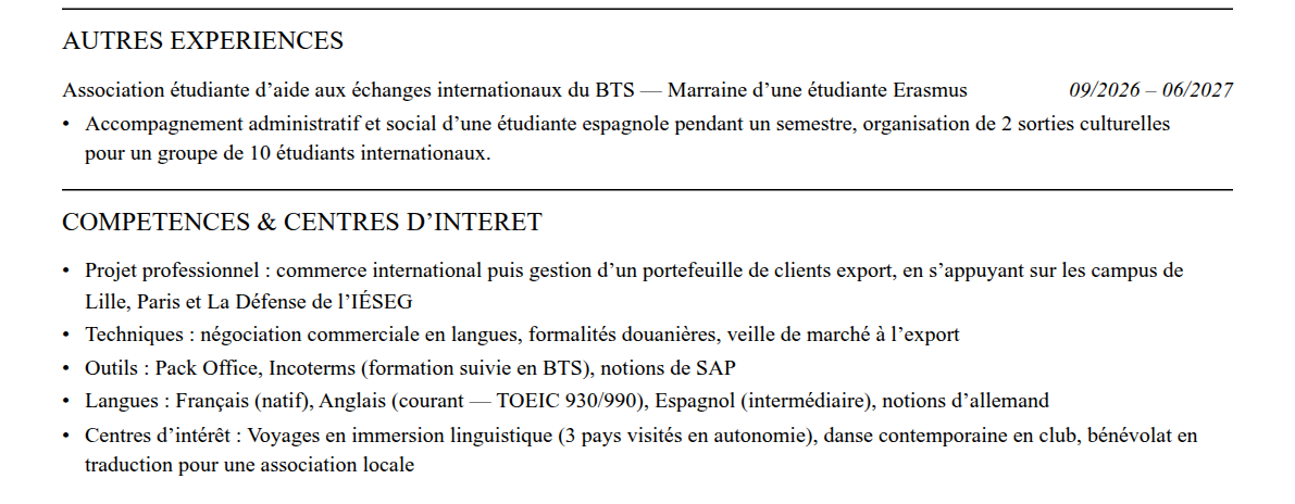 CV admission parallèle iéseg school of management : compétences et centres d’intérêt