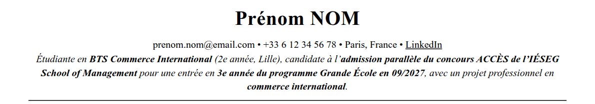 CV admission parallèle iéseg school of management : en-tête et accroche