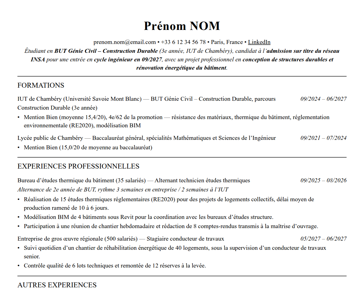 Aperçu : Exemple de CV Admission parallèle INSA Lyon