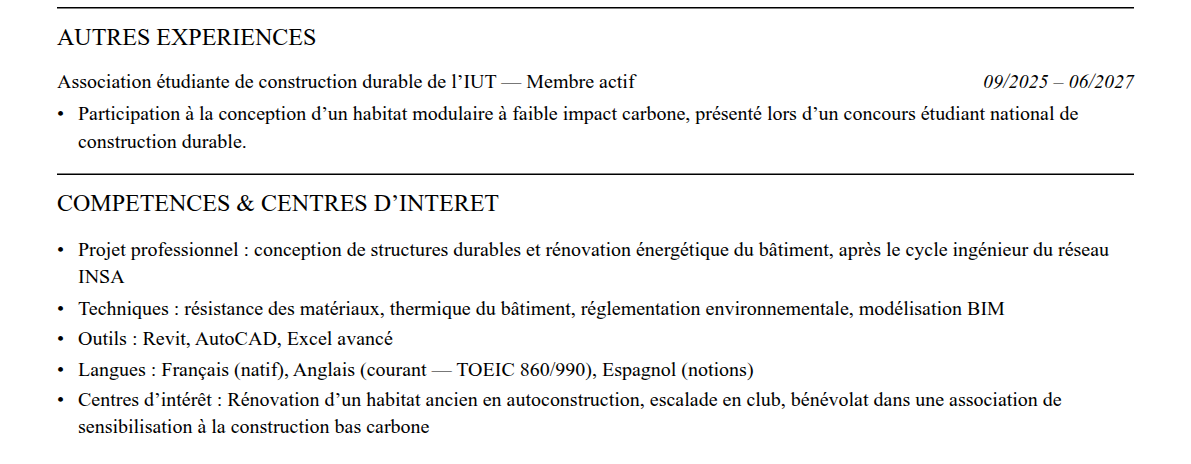CV admission parallèle insa lyon : compétences et centres d’intérêt