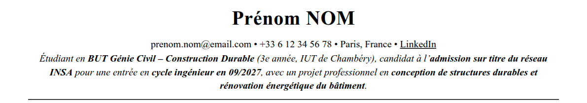 CV admission parallèle insa lyon : en-tête et accroche