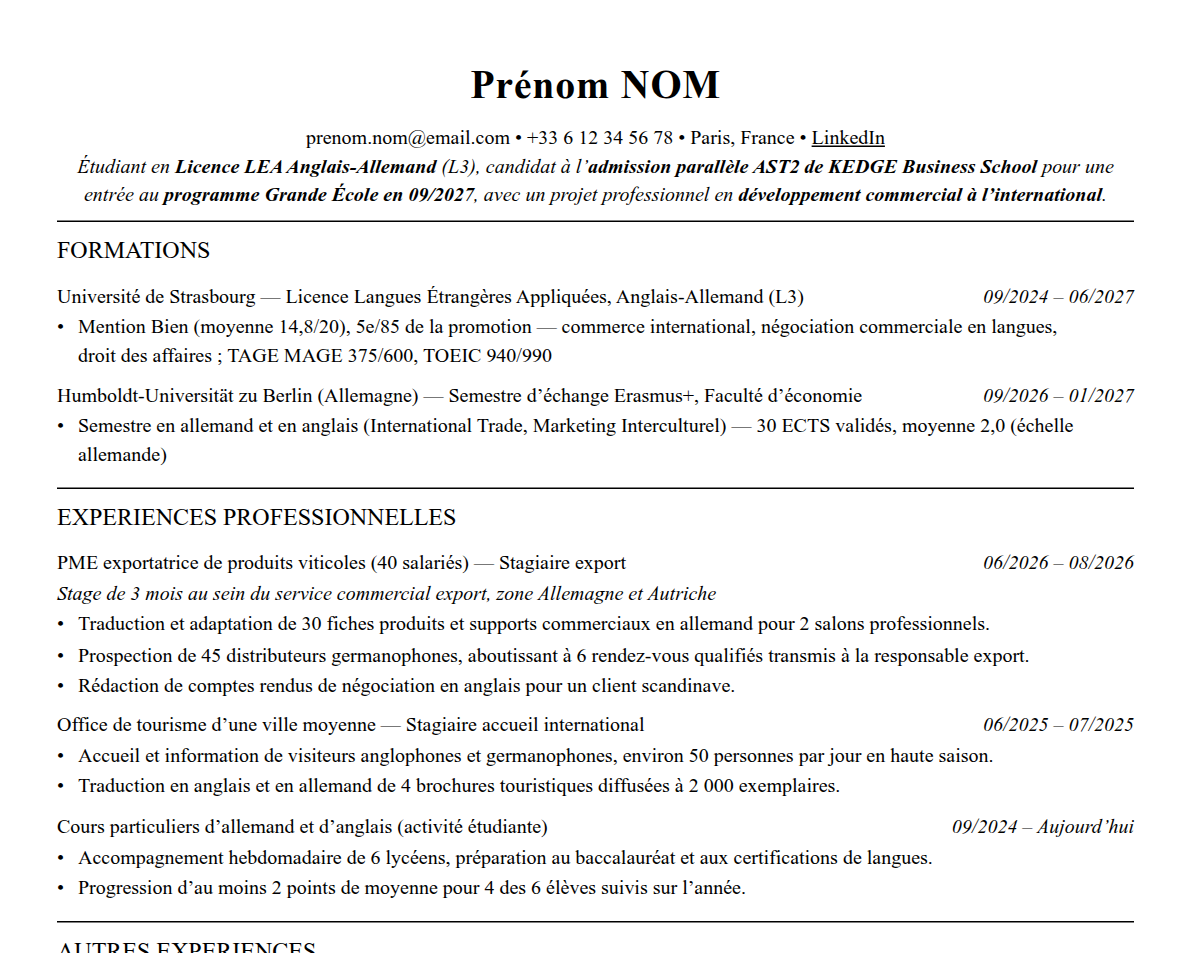 Aperçu : Exemple de CV Admission parallèle KEDGE