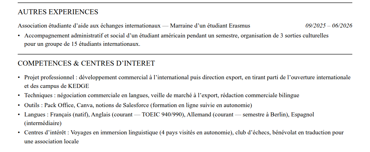 CV admission parallèle kedge : compétences et centres d’intérêt