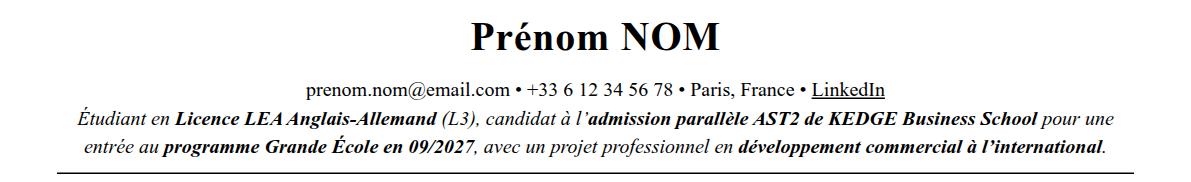CV admission parallèle kedge : en-tête et accroche
