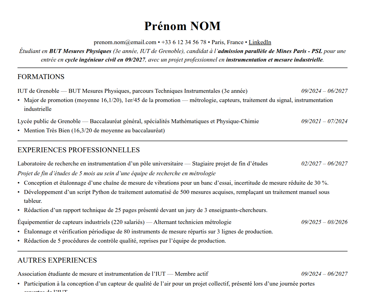 Aperçu : Exemple de CV Admission parallèle Mines Paris - PSL