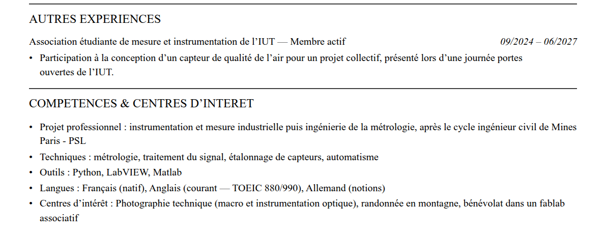 CV admission parallèle mines paris - psl : compétences et centres d’intérêt