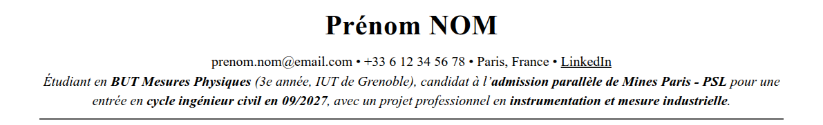 CV admission parallèle mines paris - psl : en-tête et accroche
