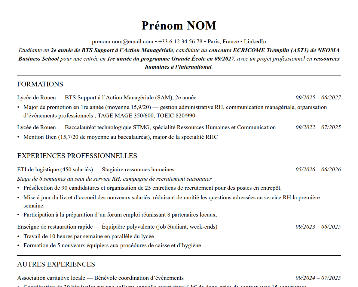 Aperçu : Exemple de CV Admission parallèle NEOMA