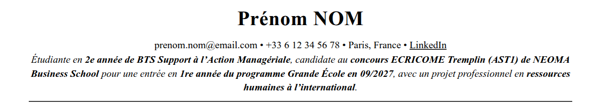 CV admission parallèle neoma : en-tête et accroche