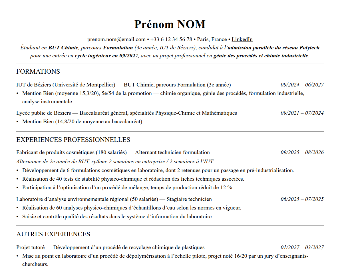 Aperçu : Exemple de CV Admission parallèle réseau Polytech
