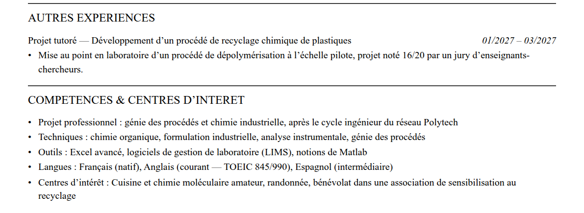 CV admission parallèle réseau polytech : compétences et centres d’intérêt