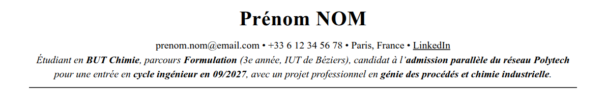 CV admission parallèle réseau polytech : en-tête et accroche