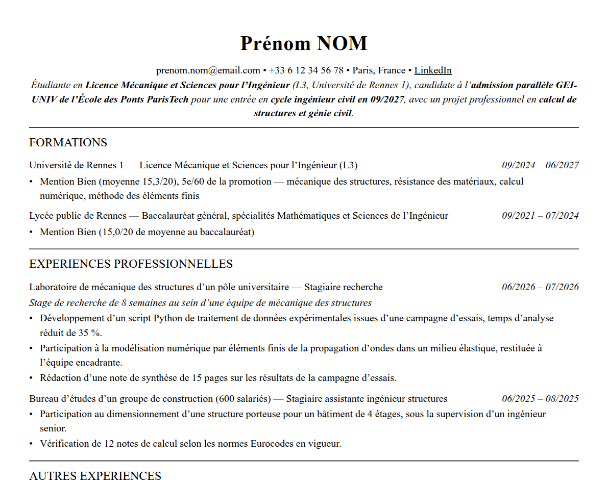 Aperçu : Exemple de CV Admission parallèle École des Ponts ParisTech