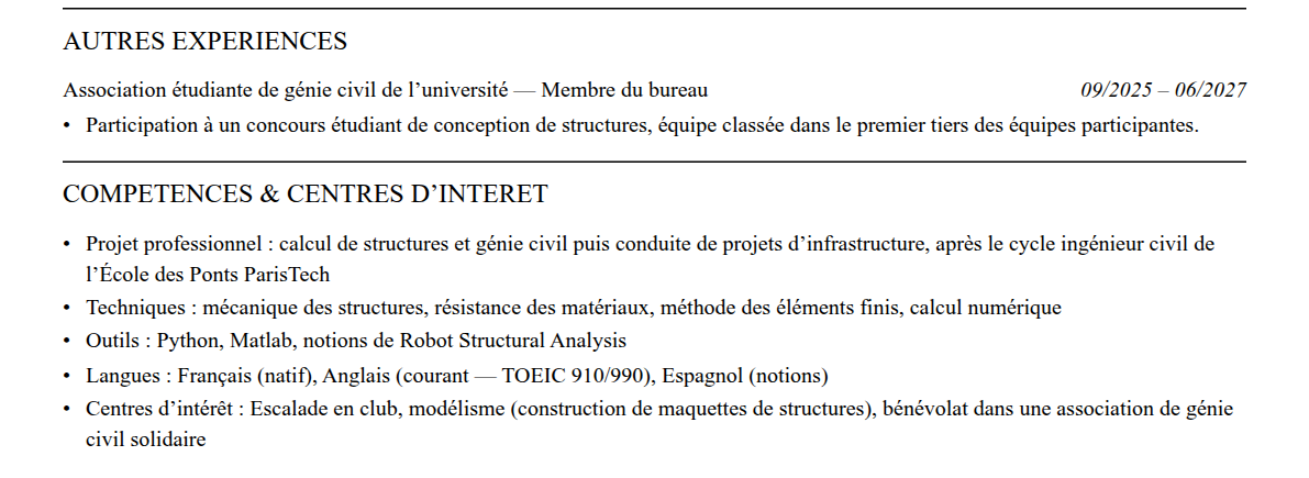 CV admission parallèle école des ponts paristech : compétences et centres d’intérêt