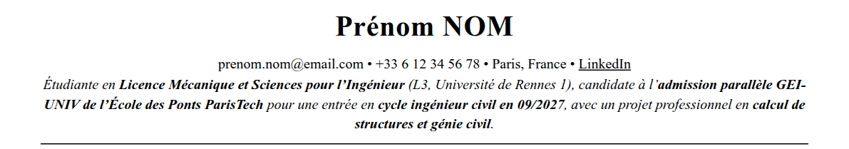 CV admission parallèle école des ponts paristech : en-tête et accroche