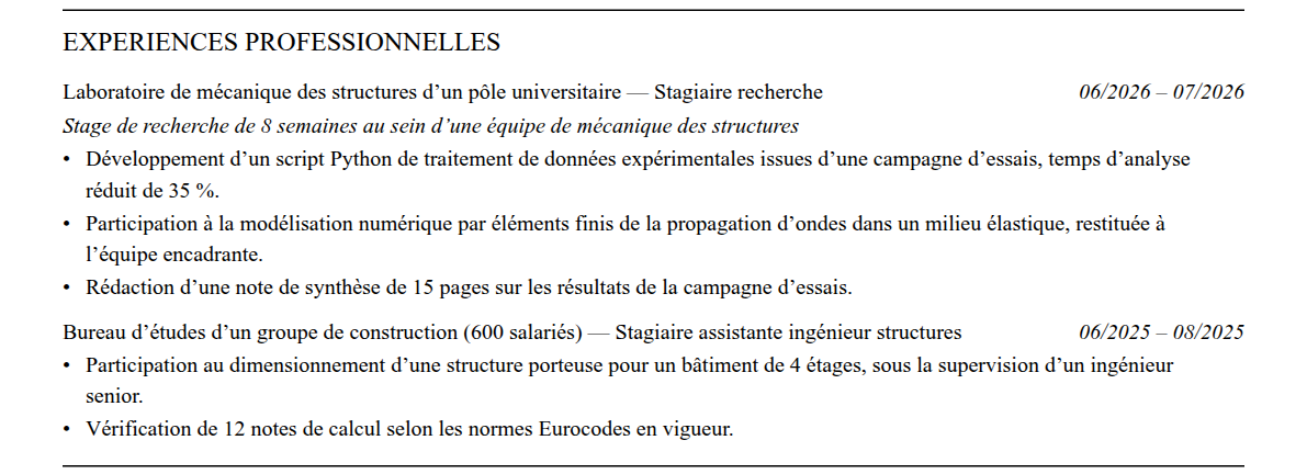 CV admission parallèle école des ponts paristech : expériences