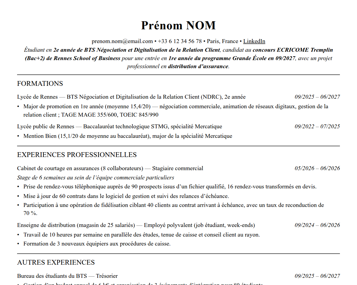 Aperçu : Exemple de CV Admission parallèle Rennes School of Business