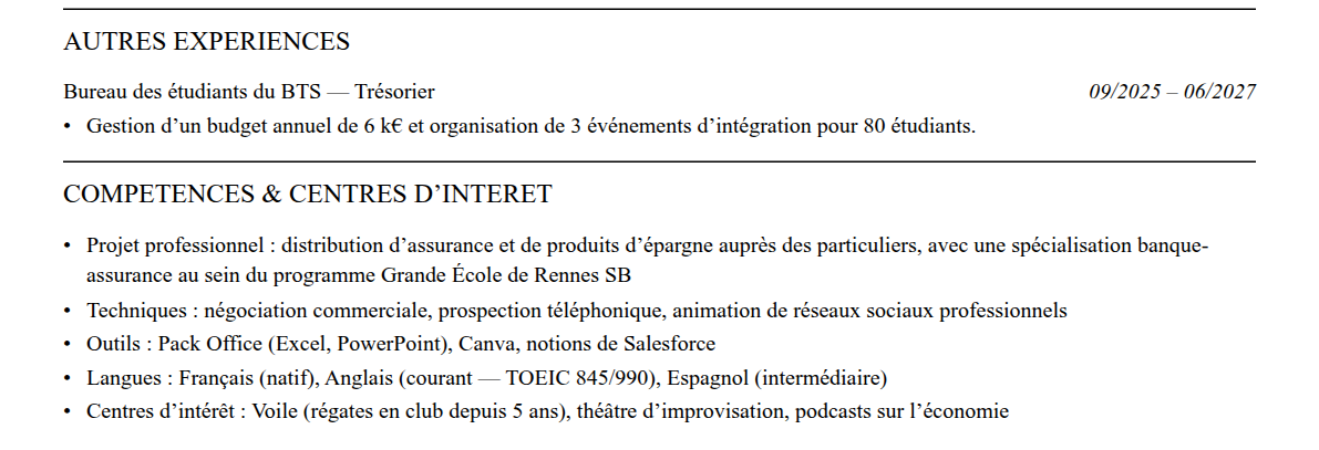 CV admission parallèle rennes school of business : compétences et centres d’intérêt