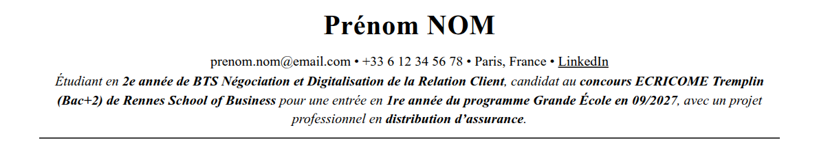 CV admission parallèle rennes school of business : en-tête et accroche