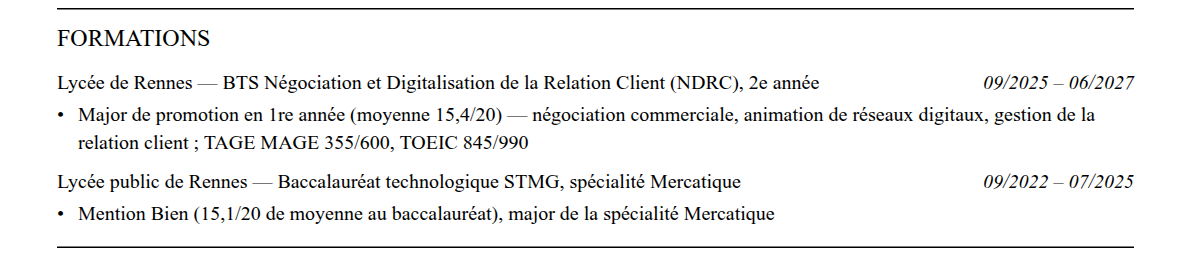 CV admission parallèle rennes school of business : formation
