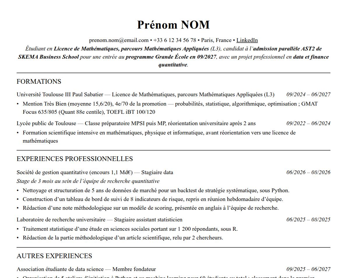 Aperçu : Exemple de CV Admission parallèle SKEMA