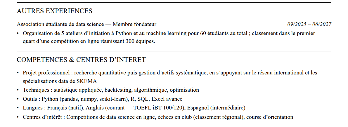 CV admission parallèle skema : compétences et centres d’intérêt